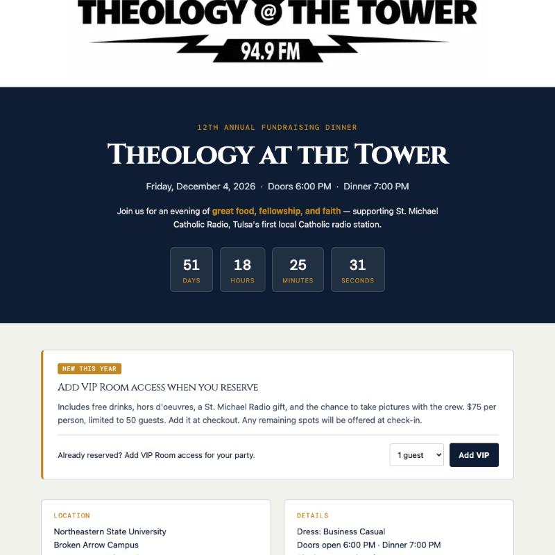 St. Michael Radio Theology at the Tower event page with event details and ticket information