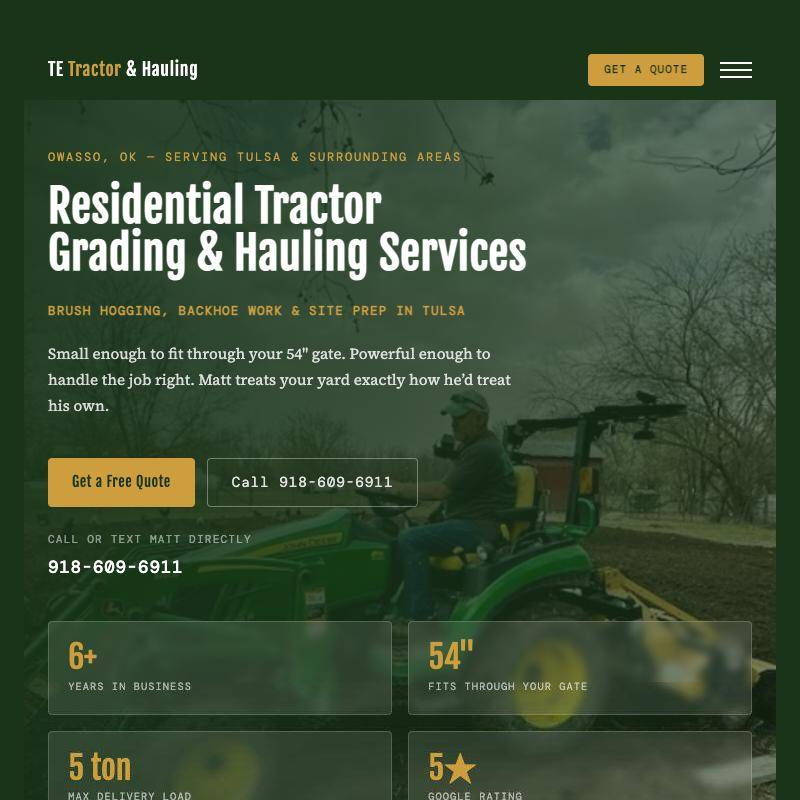 TE Tractor and Hauling homepage showing the hero section and service cards for tractor work, sod installation, grading, backhoe work, and haul-off