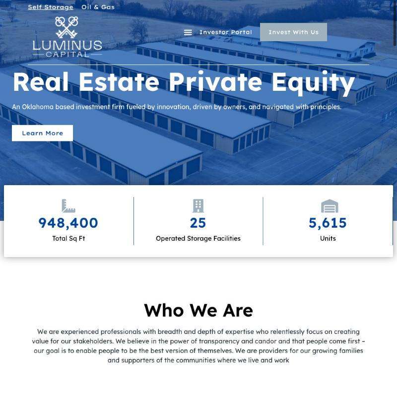 Luminus Capital homepage with the headline "Real Estate Private Equity," portfolio statistics, and an Invest With Luminus button