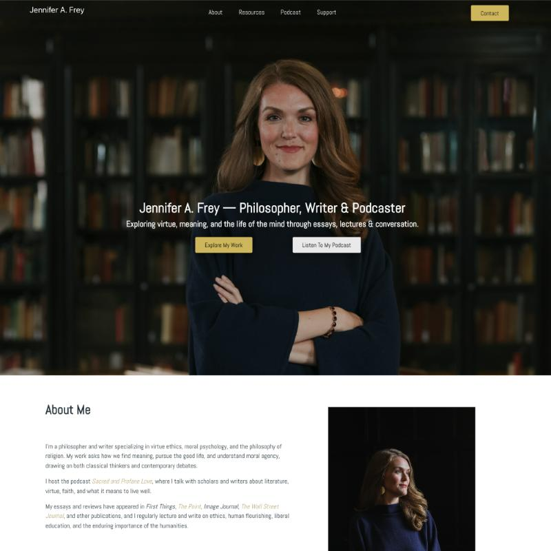 Jennifer A. Frey homepage with the headline "Philosopher, Writer & Podcaster"
