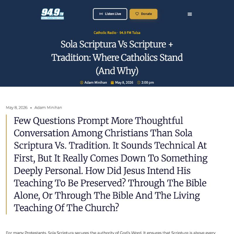 St. Michael Radio blog post titled Sola Scriptura vs. Tradition Screenshot: the top of the blog post.