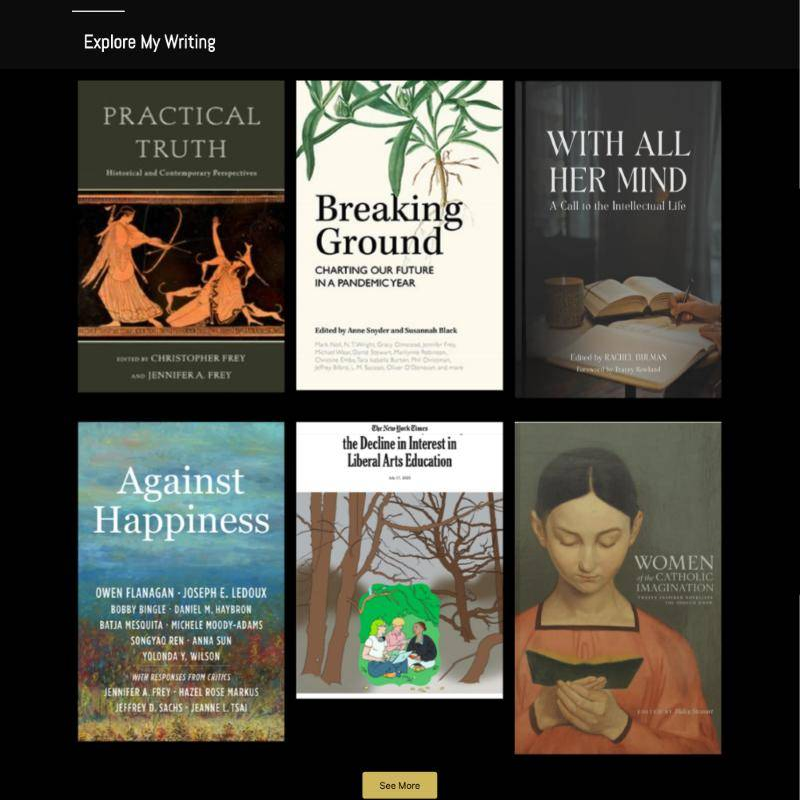 Jennifer Frey website writing section listing her books and articles with links to Google Scholar and PhilPeople