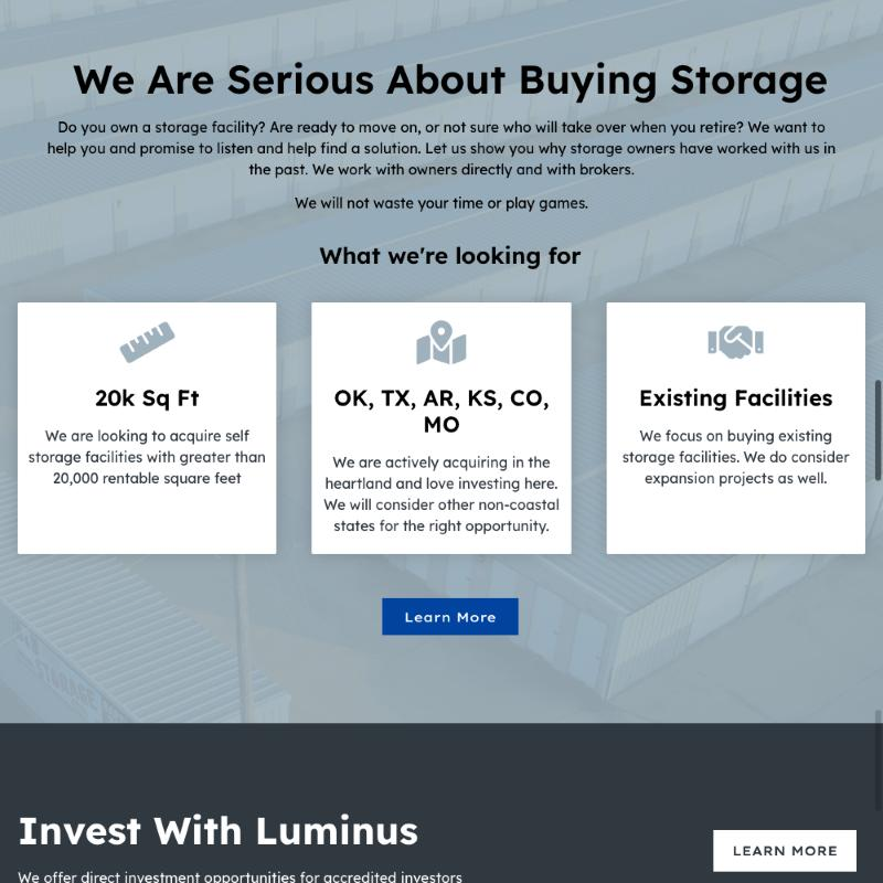 Luminus Capital acquisition criteria section listing target facility size and states Screenshot: "We Are Serious About Buying Storage" and "What We're Looking For" sections.