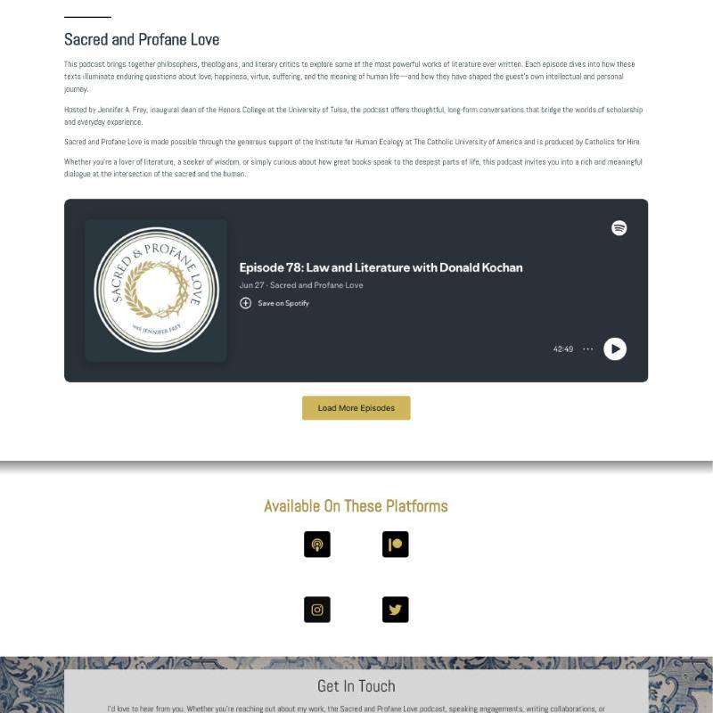 Jennifer Frey website podcast section with an embedded Spotify player for Sacred and Profane Love