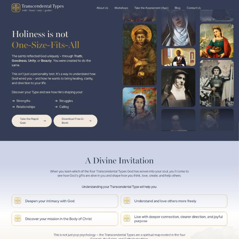 Transcendental Types homepage with the headline "Holiness is not One-Size-Fits-All" and a free quiz button