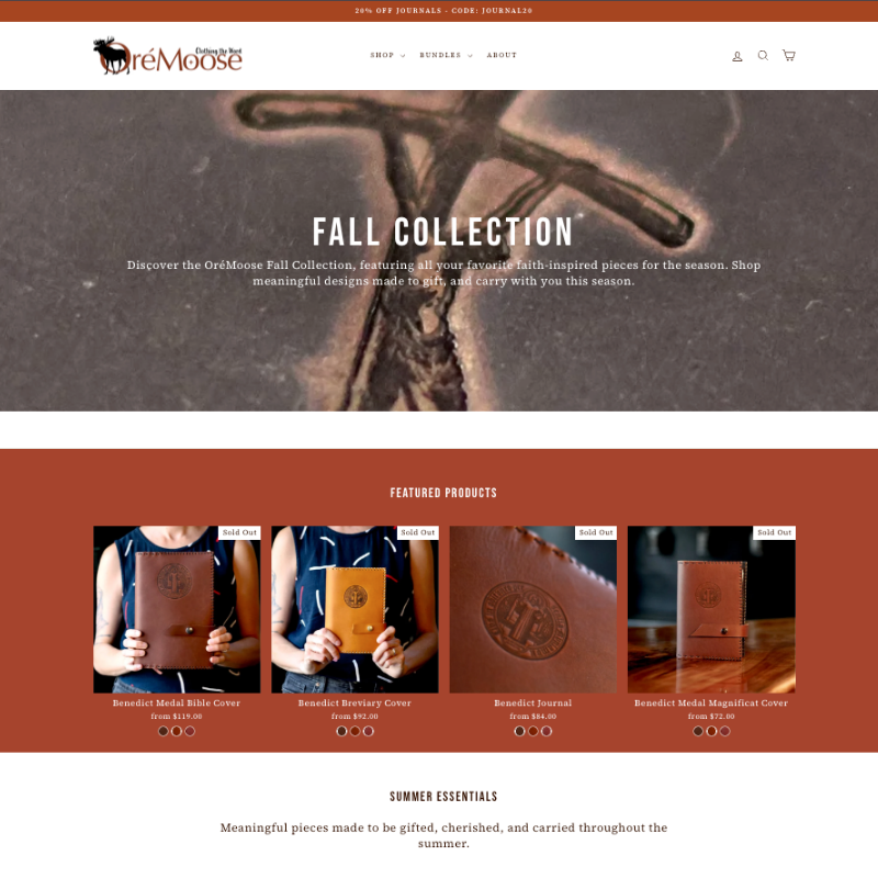 OréMoose Fall Collection page featuring handmade leather Benedict Medal Bible covers, a breviary cover, a journal, and a Magnificat cover