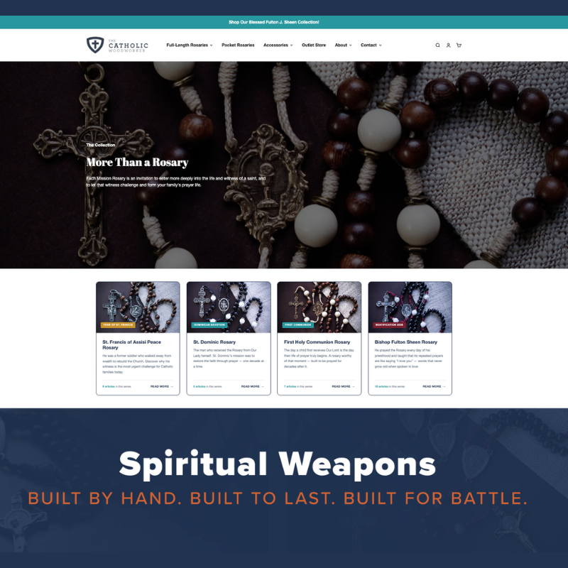 The Catholic Woodworker Mission Rosaries hub page showing four rosary series cards for St. Francis, St. Dominic, First Holy Communion, and Fulton Sheen