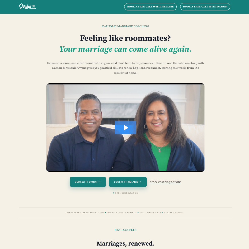 Joyful Ever After landing page with the headline "Feeling like roommates? Your marriage can come alive again," a video of Damon and Melanie Owens, and buttons to book with each coach