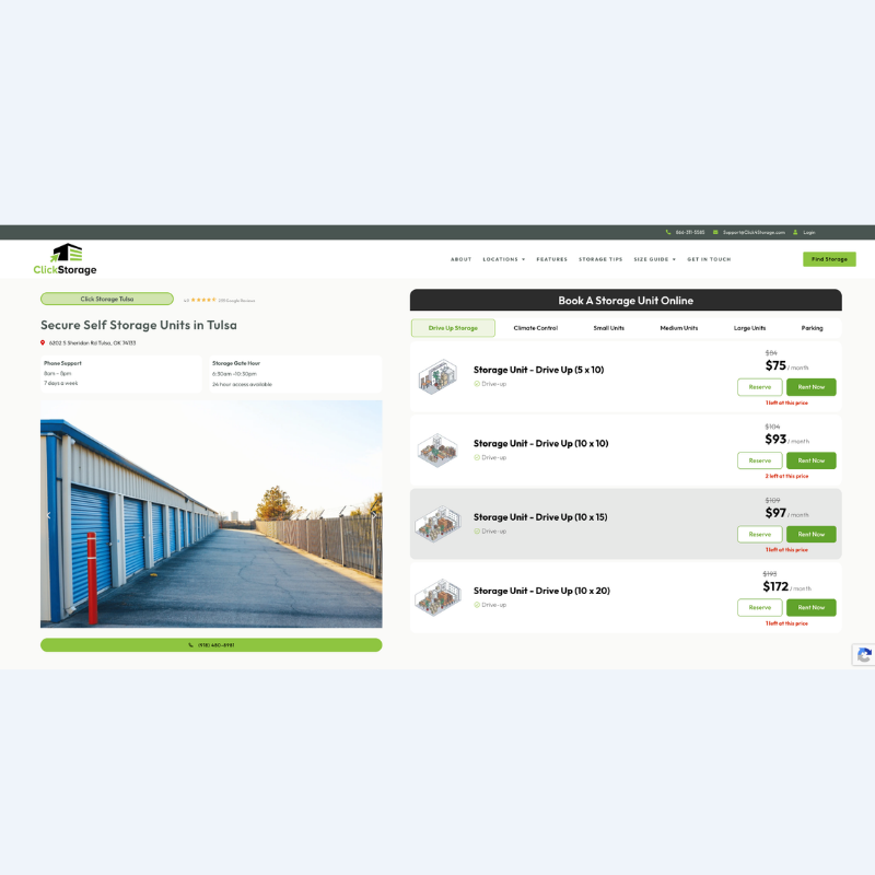 Click Storage Tulsa location page showing drive-up unit sizes, monthly pricing, and Rent Now buttons